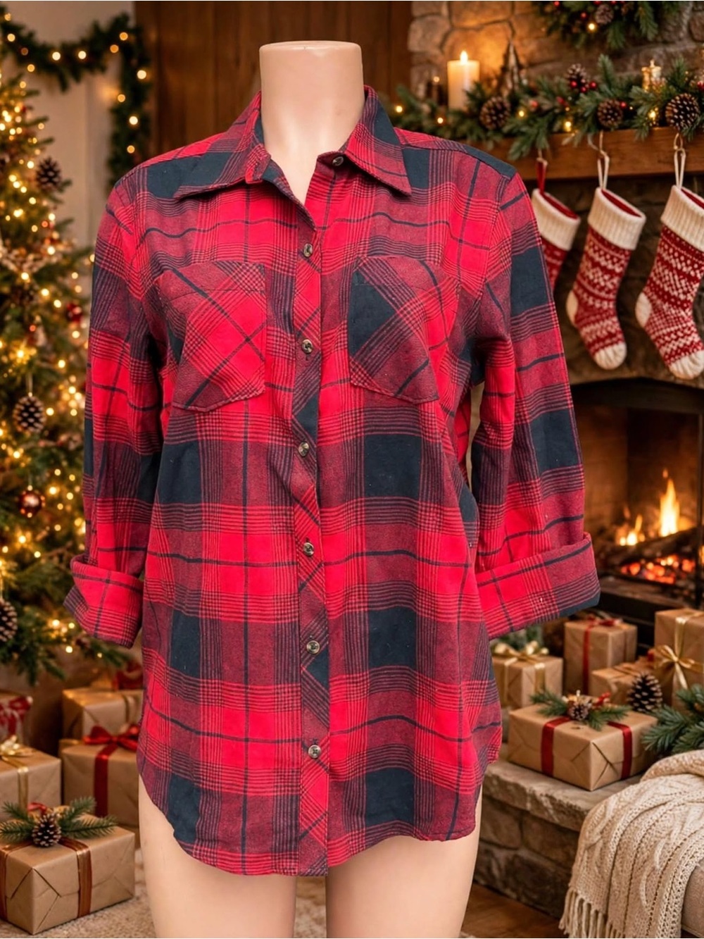 Natural Reflections Red and Black Plaid Button-Down Shirt